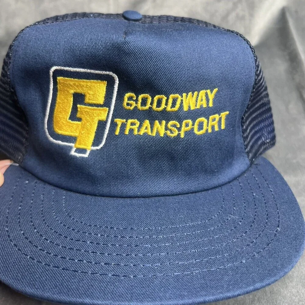 Vintage Trucker Hat 90s Mesh Back Snapback Navy Blue Yellow Transportation